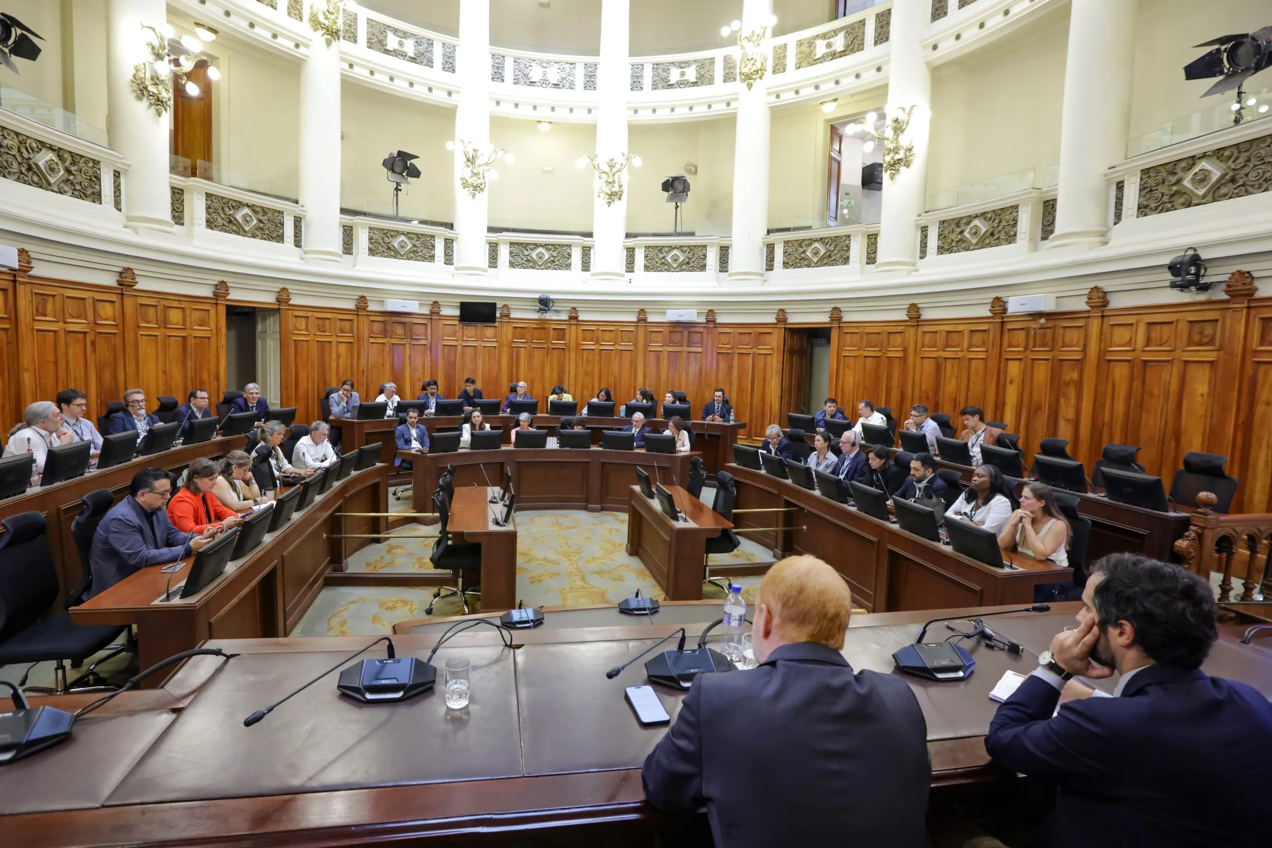 Overview of people sat in a senate chamber