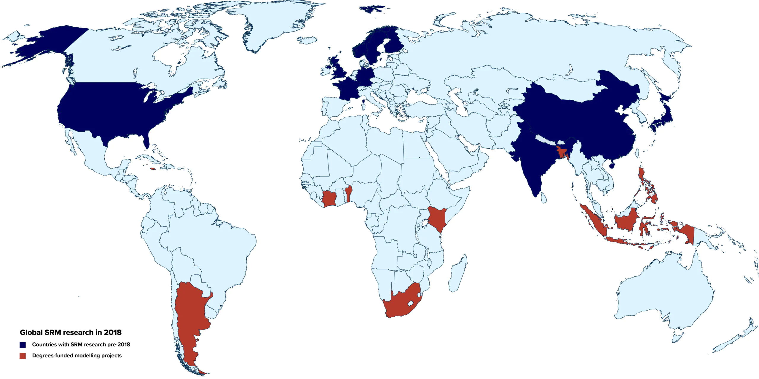 Map of the world with some Global North countries highlighted in blue, representing countries with SRM research pre-2018, and some Global South countries highlighted in orange, representing Degrees-funded modelling projects in 2018