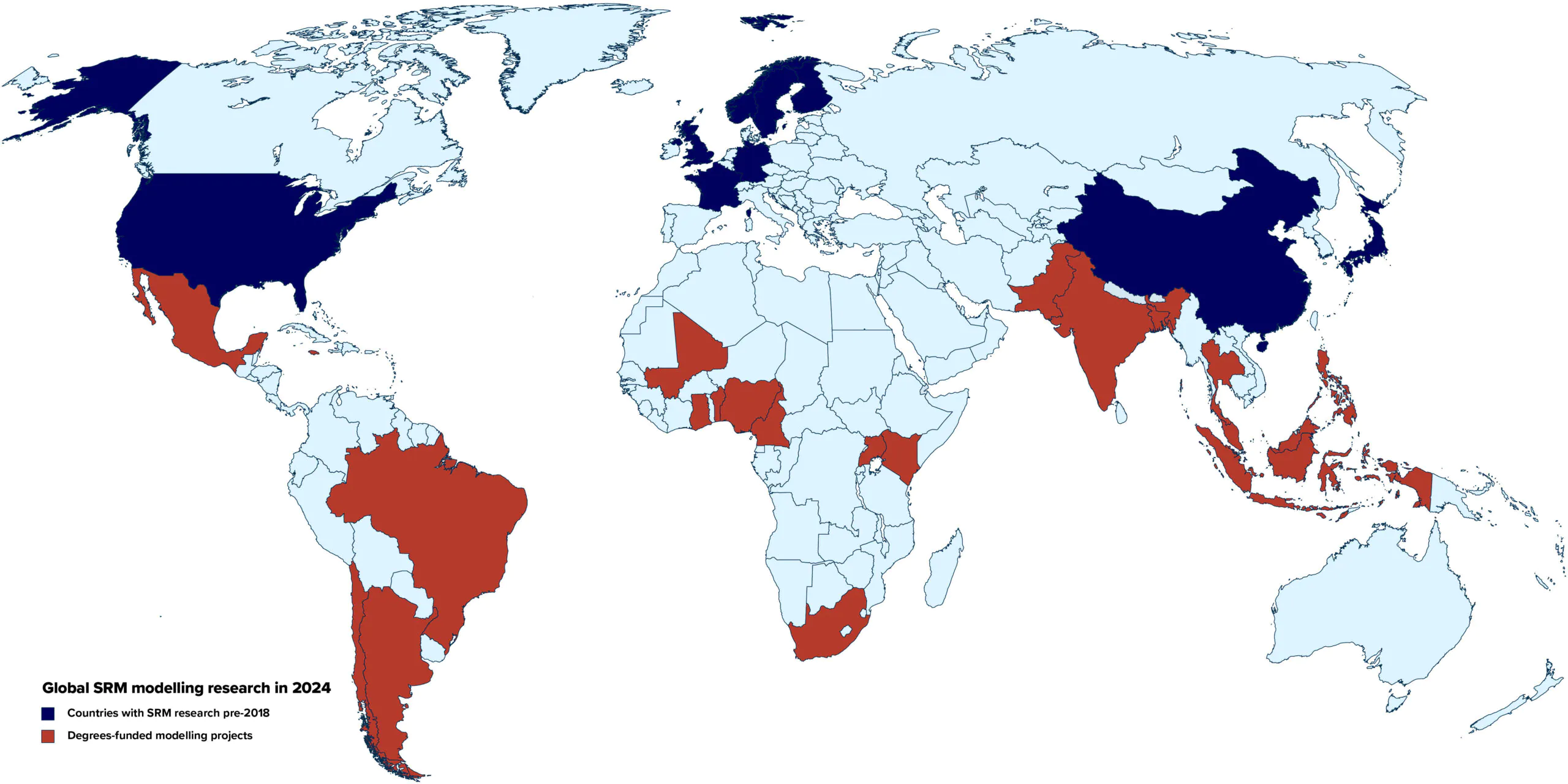 Map of the world with some Global North countries highlighted in blue, representing countries with SRM research pre-2018, and some Global South countries highlighted in orange, representing Degrees-funded modelling projects in 2024