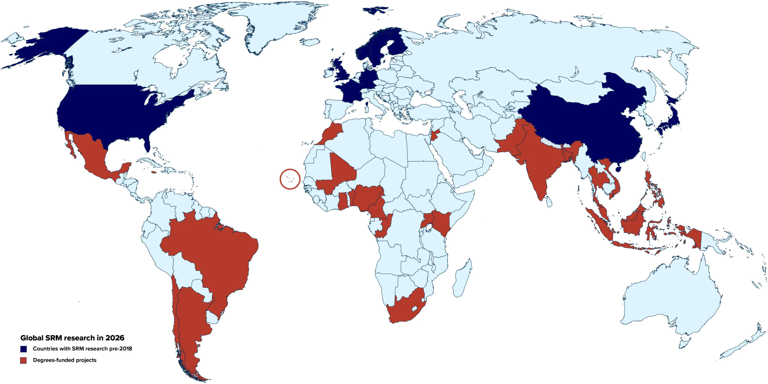 Map of the world with some Global North countries highlighted in blue, representing countries with SRM research pre-2018, and some Global South countries highlighted in orange, representing Degrees-funded modelling and socio-political projects in 2026
