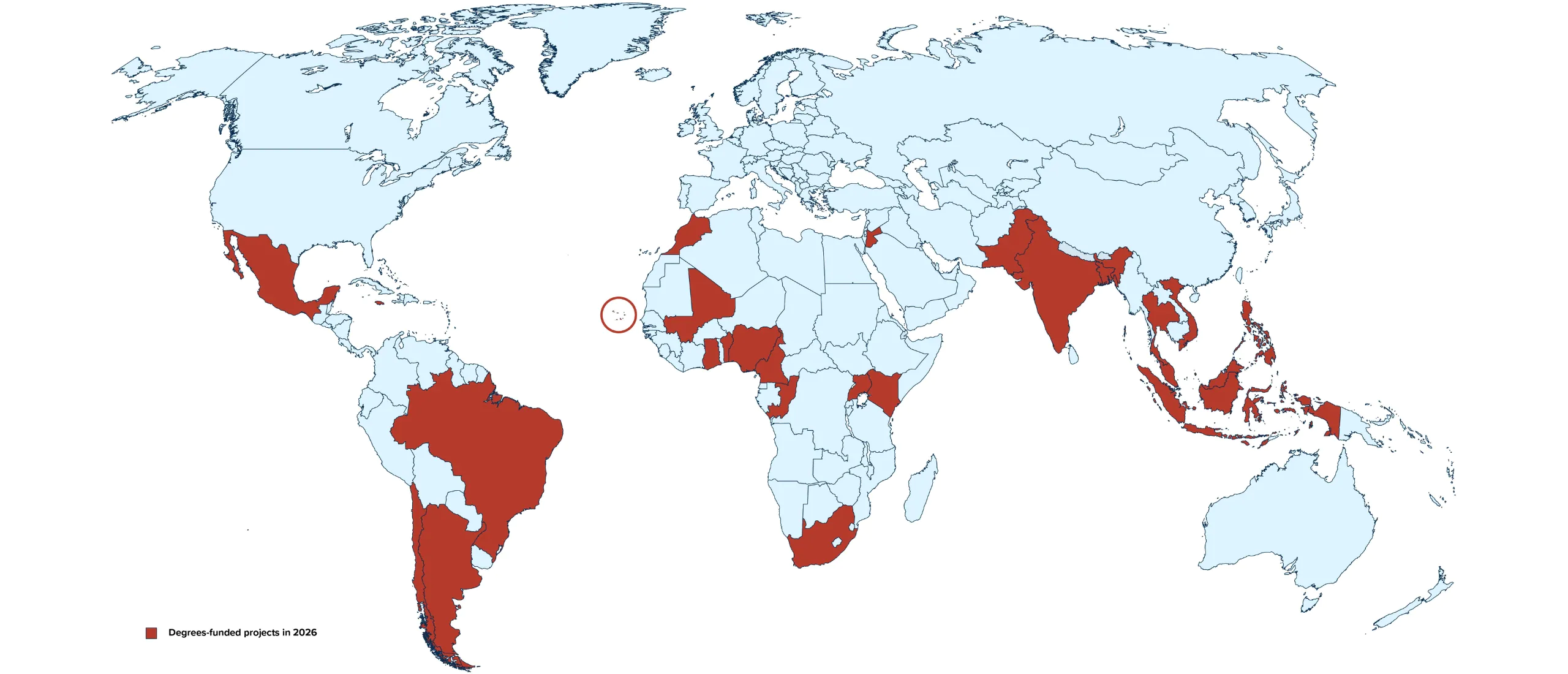 Map of the world with some Global South countries highlighted in orange, representing Degrees-funded modelling and socio-political projects in 2026