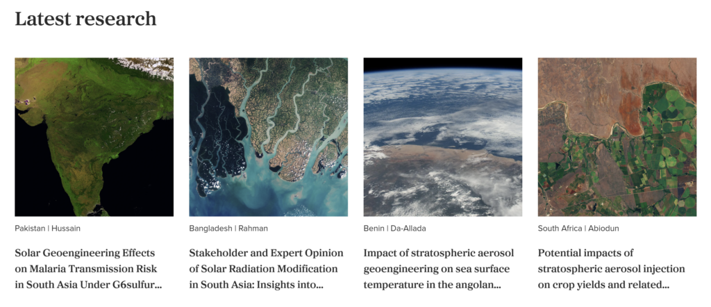 Four 'latest publication' tiles with satellite images and titles